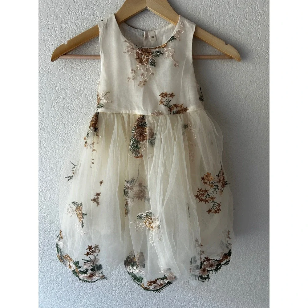 Girls Embroidered Tulle Dress 5T | Ivory Floral Mesh Party Flower Girl Dress